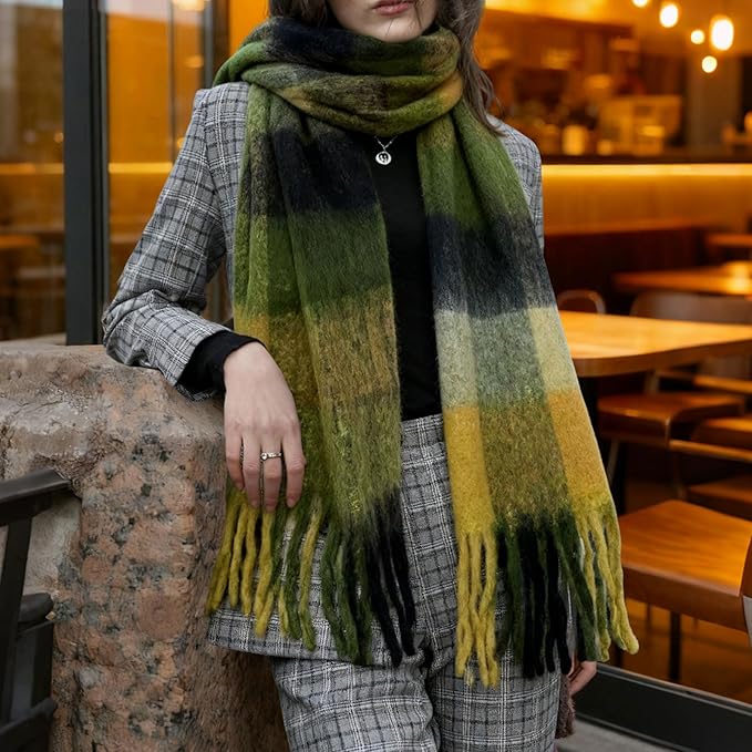 SHOHOKU Large Chunky Plaid Scarf Coloured Checked Oversized Scarf Tassel Soft Fall Winter Thick Warm Shawl Women