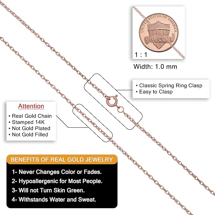 Kooljewelry Real 14k Rose Gold Rope Chain Pendant Necklace for Women (0.7 mm, 0.9 mm, 1 mm or 1.3 mm)