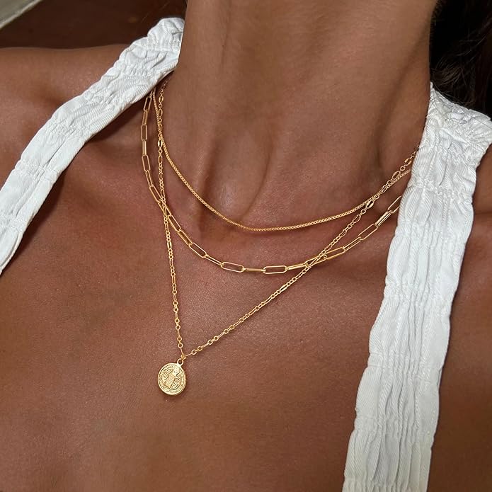 Layered Necklaces for Women, Dainty 14K Gold Plated Herringbone Chain Necklace Set Chunky Gold Necklace Stack Layering Choker Necklaces for Women Trendy Fashion Waterproof Jewelry