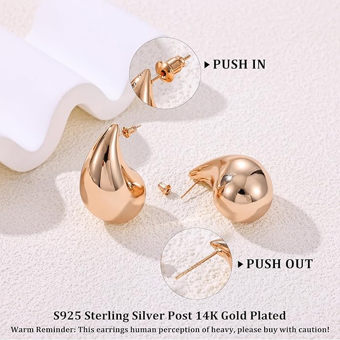 Gacimy Teardrop Earrings Dupes for Women 14K Gold Plated, Chunky Drop Earrings for Women with 925 Sterling Silver Post