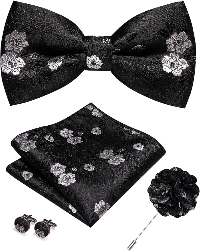 JEMYGINS Floral Pre-tied Bow Tie and Pocket Square Cufflinks Lapel Pin Sets for Men 4PCS