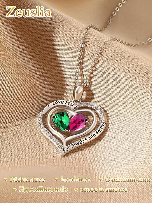 Zeuslia Double Birthstone Necklace Gifts for Wife - 925 Sterling Silver Sunflower/Rose/Crown Cross/Compass/Heart Pendant I Love You Necklace, Anniversary Birthday Gifts for Wife Girlfriend Mom Her