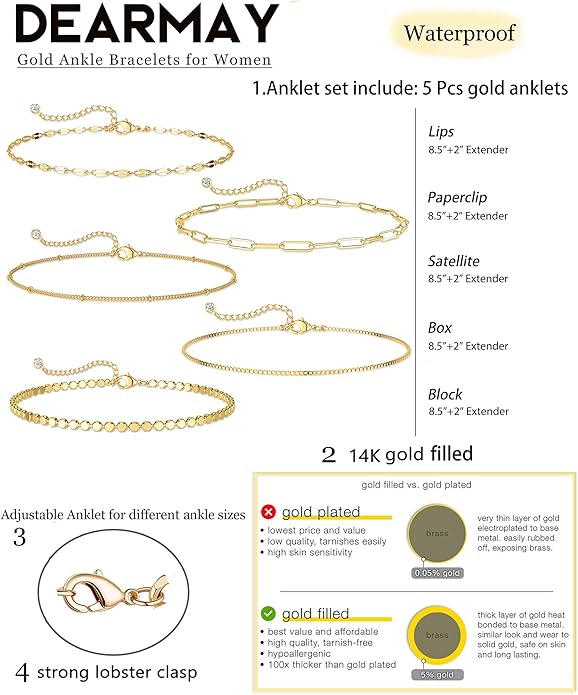 DEARMAY 14K Gold Plated Ankle Bracelets for Women Waterproof - Dainty 6Pcs Anklets Layered Cuban Link Chain Herringbone Cute Anklets Set Pack Summer Beach Jewelry Gift for Women Teen