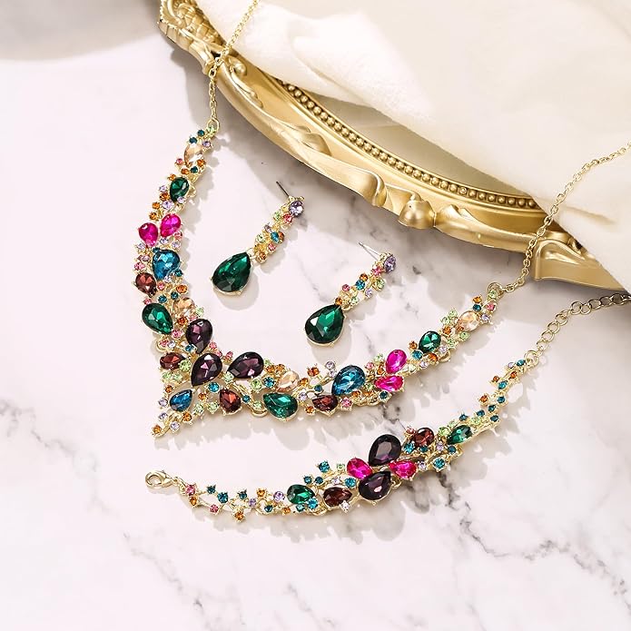 BriLove Wedding Bridal Jewelery for Women Austrian Crystal Teardrop Cluster Statement Necklace Dangle Earrings Link Bracelet Set