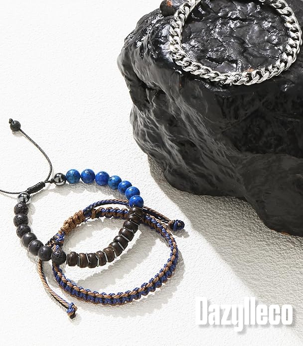 3pc Mens Beaded Bracelets Silver Stainless Steel Chain Bracelet for Men Handmade Braided Bracelet Sets Jewelry Gifts for Men