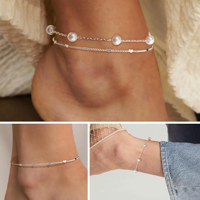 Sterling Silver Anklet Bracelets for Women Waterproof, 925 Sliver Plated CZ & Heart Charm Dainty Layer Anklets for Women Trendy, Simple Chain Anklets Set Gifts for Women, Jewelry Gifts for Her Women Mom Wife Girlfriend