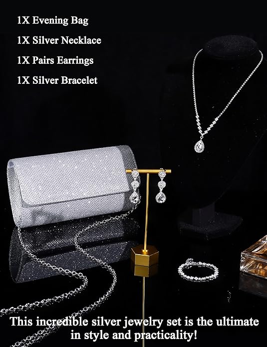 Subiceto 4Pcs Silver Clutch Purse Jewelry Set for Women Evening Rhinestone Purse Crystal Necklace Earrings Bracelets Set Silver Accessories for Women Bride Wedding Jewelry