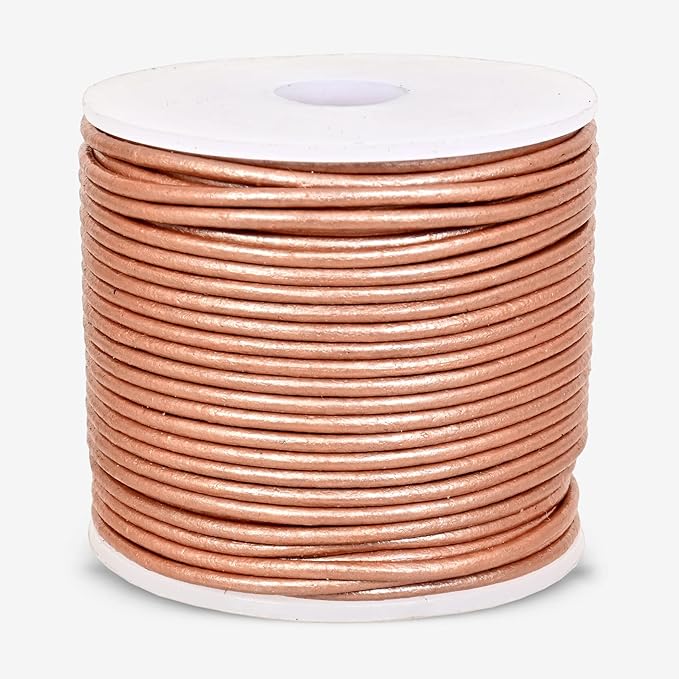 GENIQUE Real/Genuine Round Leather String Cord for Necklace, Bracelets, Jewelry, Kumihimo Braiding, DIY Projects (20 Metres) (1.5mm, Rose Gold Metallic)