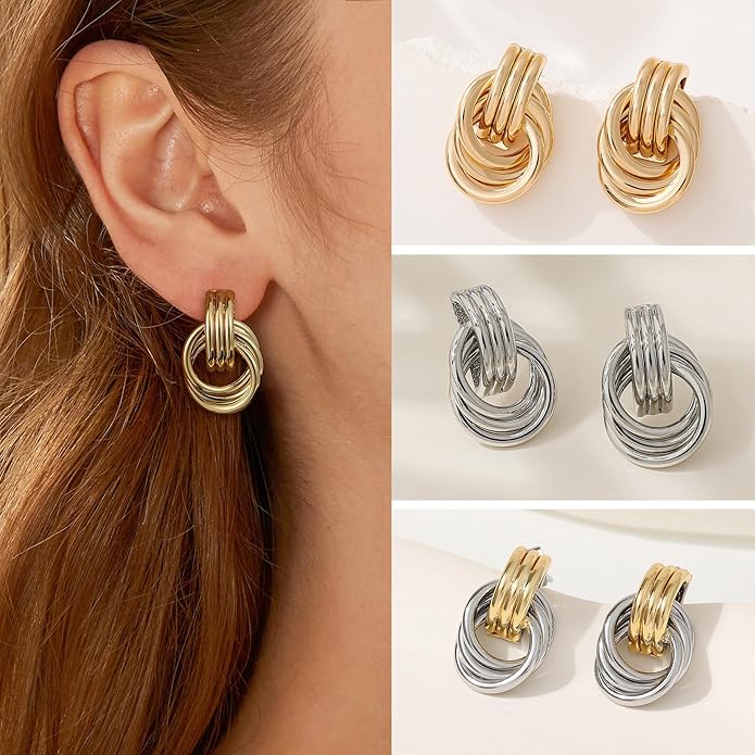 SHERLOVE Stocking Stuffers for Women Chunky Gold Knot Dangle Drop Earrings Trendy Statement Earrings Hypoallergenic Lightweight Gold Jewelry Women Christmas Gifts