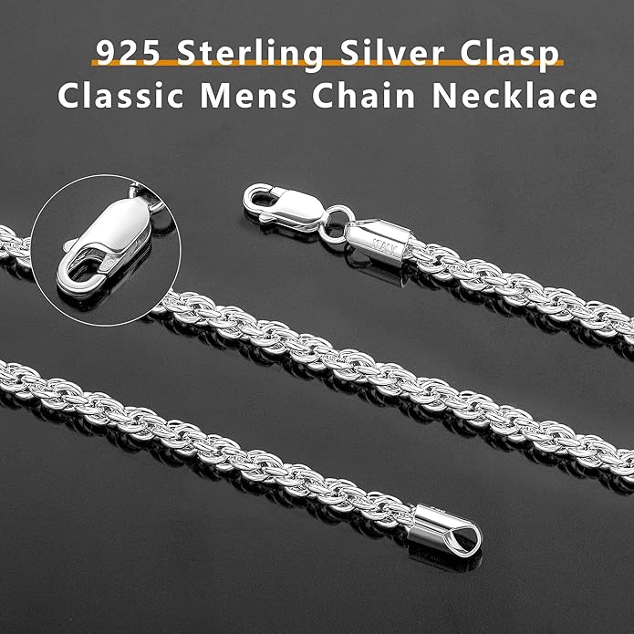 BRIJEWNES 925 Sterling Silver Clasp 2/2.5/3/4/5mm Silver Chain for Men Mens Necklace Rope Chain Necklace Diamond Cut Silver Mens Chain Necklace 16 18 20 22 24 26 28 30 Inches