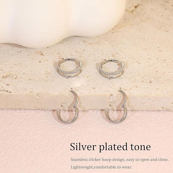 2 PCS Small Cartilage Double-Hoop Helix Conch Piercing Earrings With Cubic Zirconia For Women Trendy 14K Gold Plated Titanium Surgical Stainless Steel Sets Jewelry