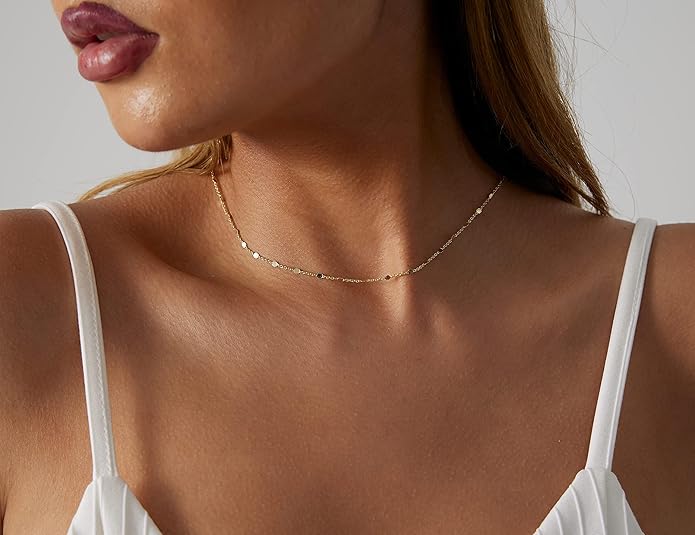 14K Gold Necklace for Women, Womens Dainty Chain Necklace Plated Shining Dots Satellite Choker Box Chain, Women Layering Necklaces
