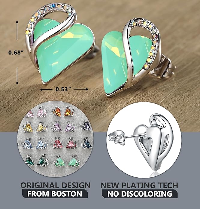 Earrings for Women, Mothers Day Gift for Mom, Heart Birthstone Crystal Stud Earring, Silver Plated Birthday Jewelry