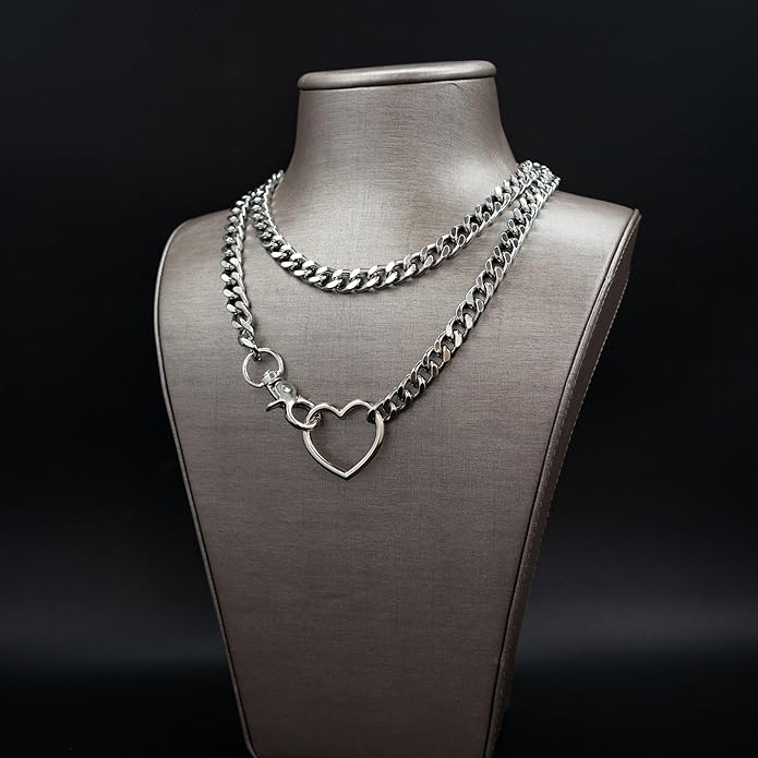 Chunky Gold Choker Necklaces for Women, Long Gold Chain Heart Necklace, 36 Inches Slip Chain Adjustable Lariat Heart Y Necklace for Women and Men, Goth Chunky Heart Necklace Jewlery Gifts