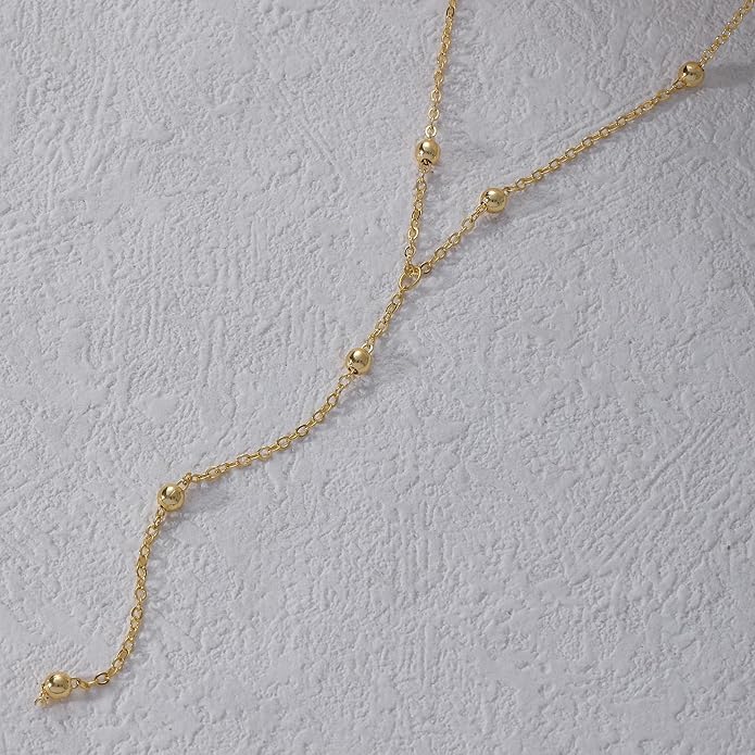 Long Gold Necklace for Women Trendy, Dainty Layered Lariat Necklace 14k Gold Plated Silver Y Shaped Beaded Chain Non Tarnish Drop Necklaces Simple Adjustable Jewelry Gift