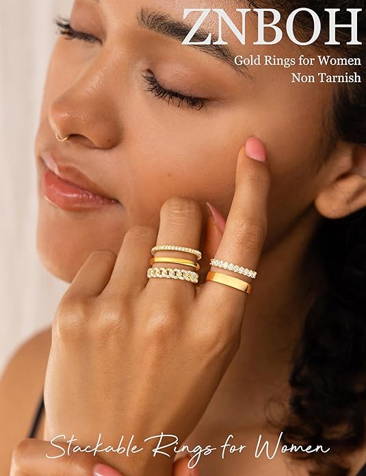 Stackable Gold Rings for Women Non Tarnish Wedding 14K Gold Plated Stacking Cubic Zirconia Thumb Ring Set Stack Engagement Eternity Dainty Bands Pinky Statement Promise Gold Jewelry Size 6-10