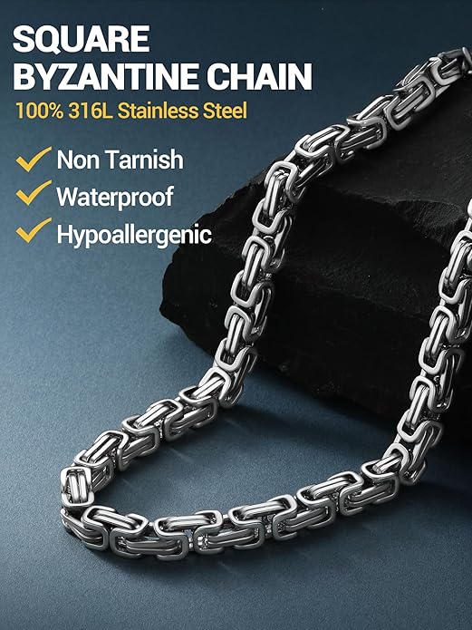 PROSTEEL 4MM/6MM/8MM Stainless Steel Necklace for Men Women, Stylish and Cool, Byzantine Chain Black Gold Silver Tone, 18-30 Inches, Come Gift Box