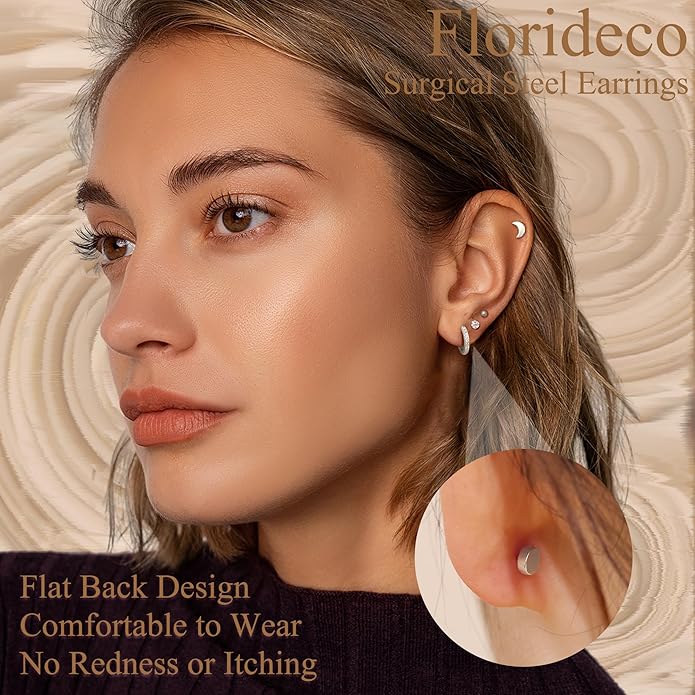 Florideco 14K Gold Plated Earrings for Women Hypoallergenic 20G Surgical Stainless Steel Flat Back Stud Earrings Dainty Stackable Earring Stacks Small Cartilage Earring Sets for Multiple Piercing