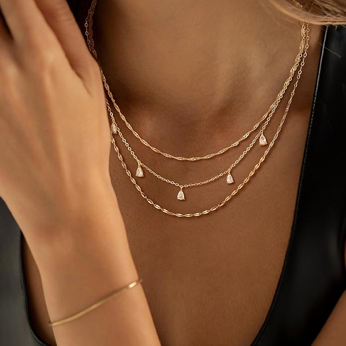 Layered Necklaces for Women, Dainty Gold Necklace Stack 14k Gold Plated Layering Cubic Zirconia Choker Necklaces for Women Trendy Simple Layered Gold Necklace Set Fashion Jewelry