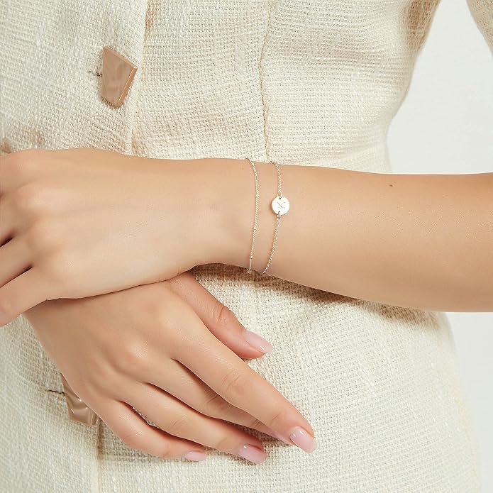 MONOZO Gold Initial Bracelets for Women Girls Christmas Gifts - Dainty 14K Gold Plated Layered Beaded Letter Initial Bracelet 26 Alphabet Disc Monogram Charm Bracelet Jewelry Christmas Gifts for Women