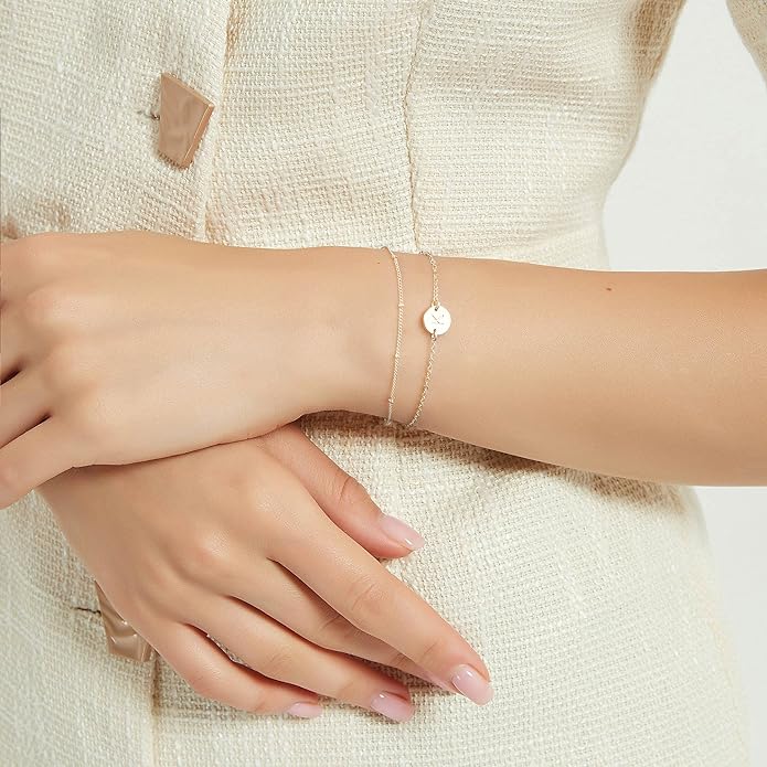 MONOZO Gold Initial Bracelets for Women Girls Christmas Gifts - Dainty 14K Gold Plated Layered Beaded Letter Initial Bracelet 26 Alphabet Disc Monogram Charm Bracelet Jewelry Christmas Gifts for Women