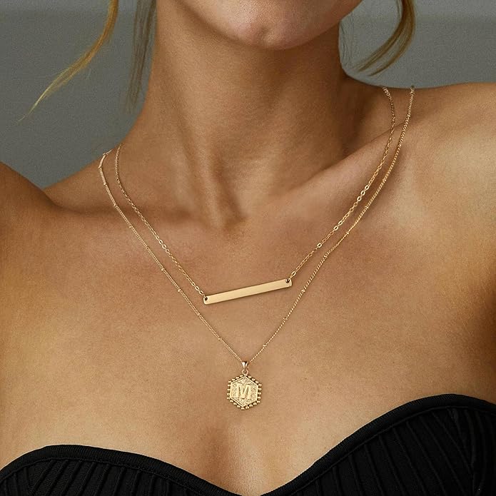 Turandoss Gold Layered Initial Necklaces for Women, 14K Gold Plated Bar Necklace Handmade Layering Hexagon Letter Pendant Beads Chain Necklace Layered Necklaces for Women Gold Jewelry Gifts