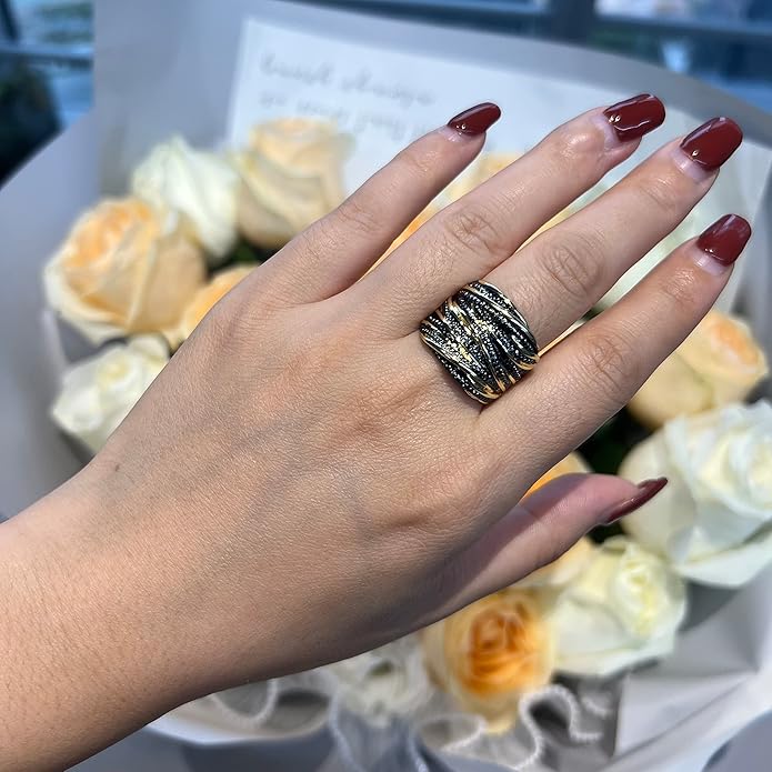 2 Tone Intertwined Crossover Statement Ring Fashion Chunky Band Rings for Women Wide Index Finger Rings Costume Jewelry