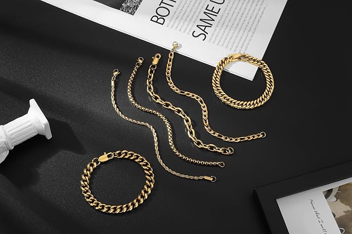 XIANNVXI 6pcs Stainless Steel Bracelets for Men Women Silver/Gold/Black Cuban Link Rope Paperclip Chain Bracelets Set 6.5/7/7.5/8.3/9 Inches Metal Bracelet Mens Fashion Accessories Jewelry Set