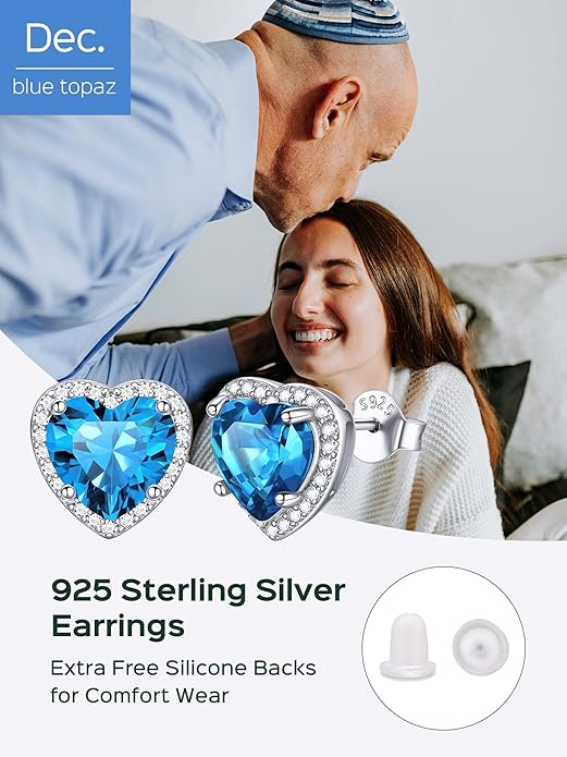 ChicSilver 925 Sterling Silver Birthstone Earrings for Women, 8MM/2 Carat Heart & Round Cubic Zirconia Stud Earrings, Hypoallergenic Jewelry, Ideal Birthday or Christmas Gifts