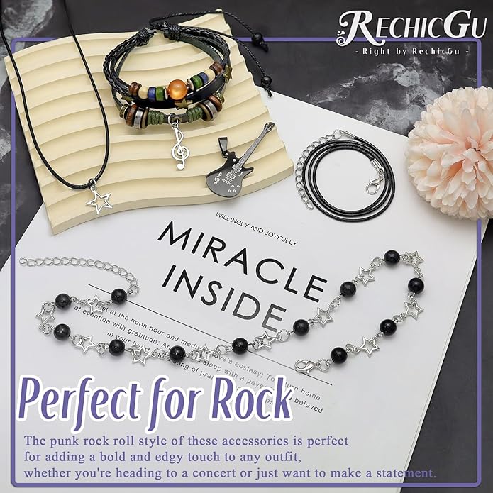 Multilayer Y2k Star Necklace Fairy Grunge Bracelets Set Handmade Fairycore Grunge Jewelry Gothic Swirl Star Necklace Punk Rock Roll Music Guitar Grunge Accessories for Women Men