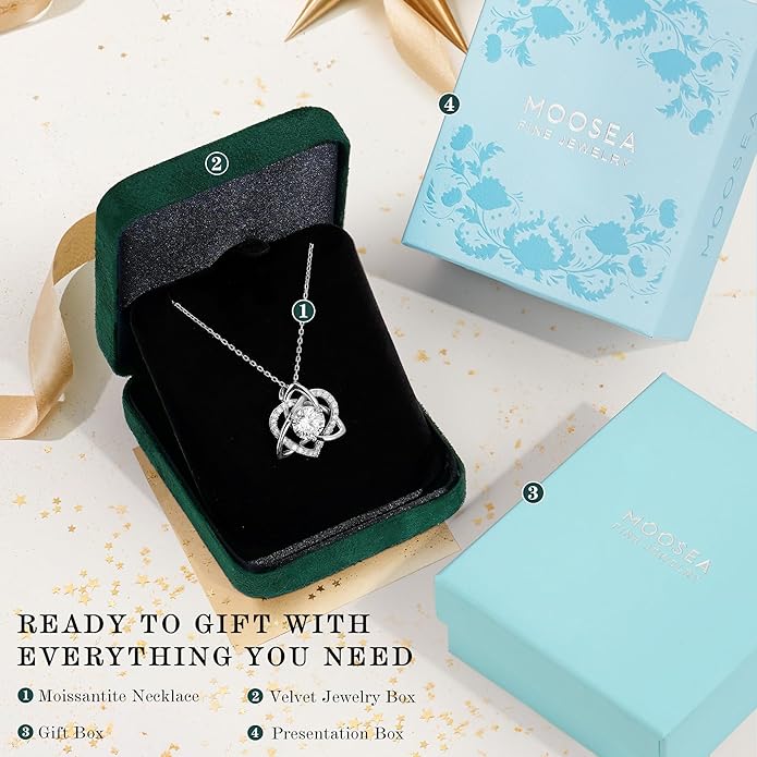 MOOSEA Christmas Gifts for Women Wife, Celtic Knot Moissanite Necklace for Women, 1-3ct Moissanite Heart Pendant Necklaces Anniversary Birthday Gift Wife Mom 925 Sterling Silver Jewelry