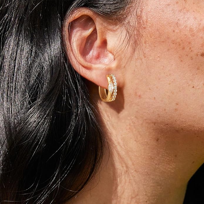 Gold Huggie Hoop Earrings 14K Gold Plated Dainty Chunky Thick Hoop Diamond Cubic Zriconia Inlay Sleeper Tiny Delicate Boho Beach Simple Hypoallergenic Jewelry Gift for Her