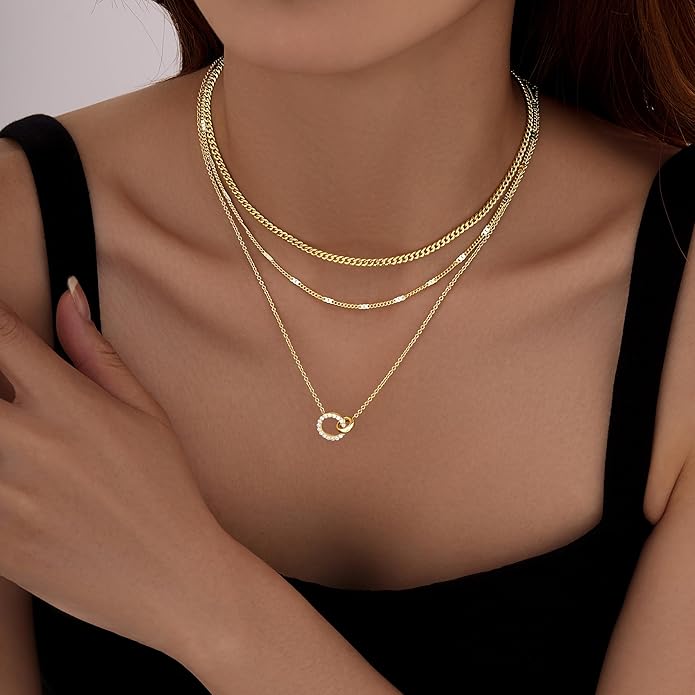 WomenGifts Layered Gold Necklaces for Women, 14K Gold Sterling Silver Plated Dainty Pendant Necklace Set with Cubic Zirconia Circle, Chunky Stackable Cuban Chain Choker, Trendy Personalized Birthstone Jewelry Gift Non Tarnish