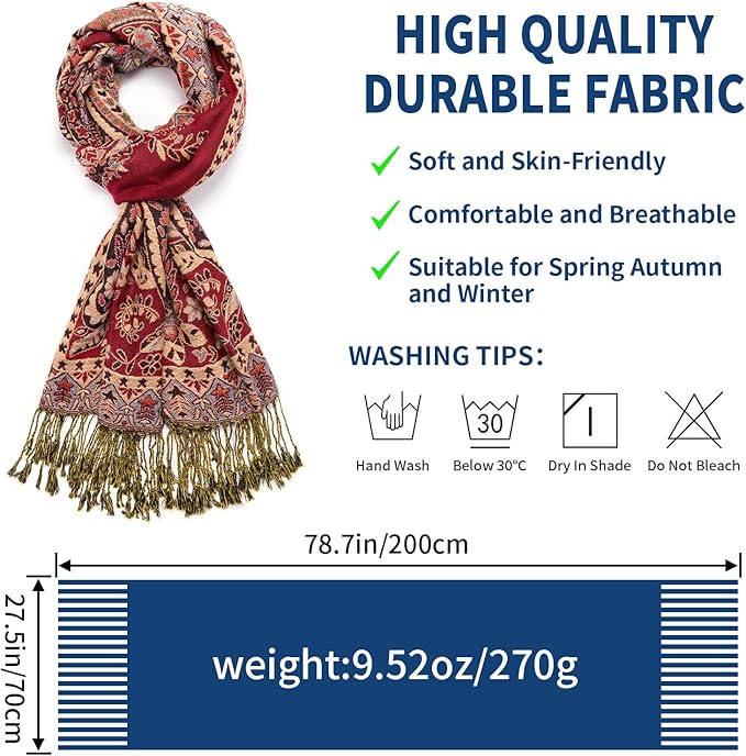 QIUTIMIY Paisley Pashmina Shawl Wrap Women Reversible Vintage Jacquard Pashmina Rave Scarf with Fringe for Evening, Wedding