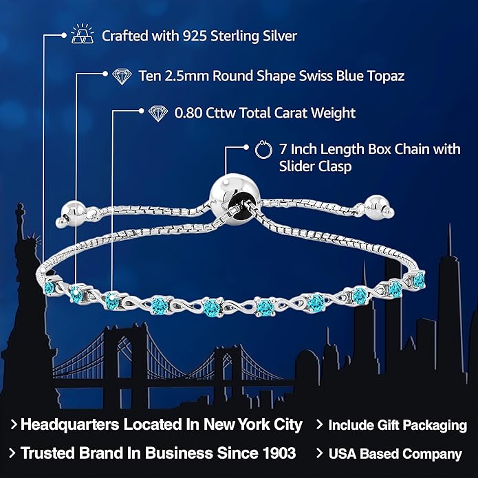 Gem Stone King Round Gemstone Birthstone Tennis Bracelet For Women | 925 Sterling Silver | 2.5MM Round | Fits Up To 9 Inch Wrist | Adjustable Bolo Bracelet For Women | Easy-On Easy-Off