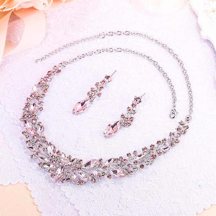 BriLove Women's Wedding Bridal Austrian Crystal Marquise Cluster Collar Necklace Dangle Earrings Set