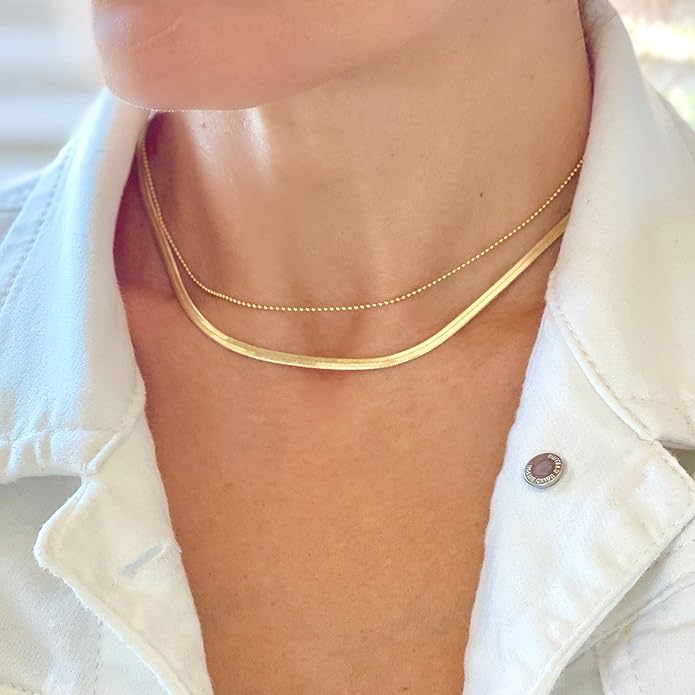 Freekiss Herringbone Necklace for Women,Dainty Gold Necklace,14k Gold Plated Snake,Gold Chain Choker Necklaces,Simple Gold Layered Necklaces,Gold Jewelry Gift for Women