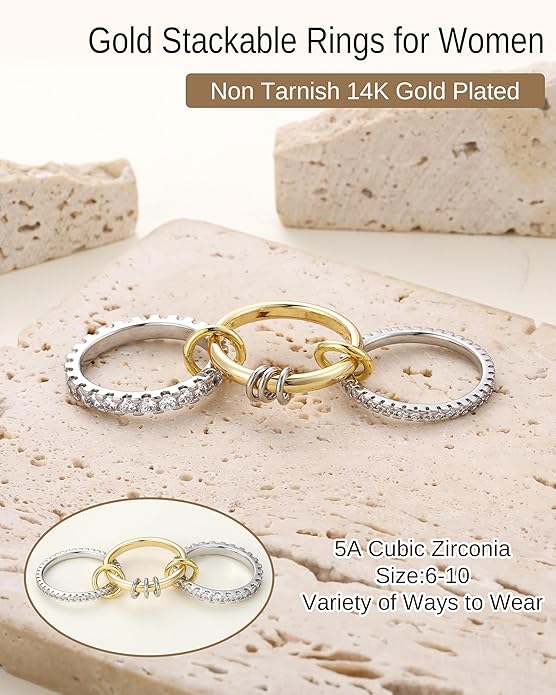 Gold Stackable Rings for Women, Non Tarnish 14K Gold Plated Cubic Zirconia Mixed Metals Stacking Connected Rings Set Jewelry Gifts