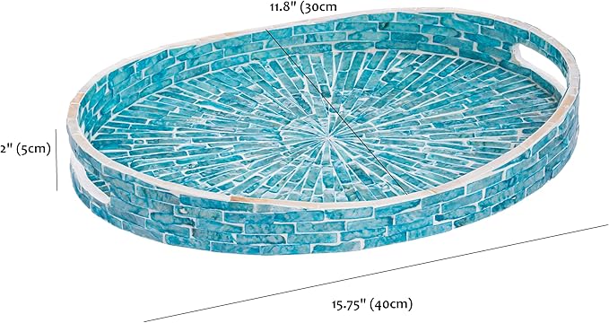 PEMAR 15.7" x 11.8" Oval Capiz Shell Serving Tray, Decorative Ottoman Tray for Living Room, Coffee Table, Breakfast in Bed, Candle Display (Teal Sunlight)