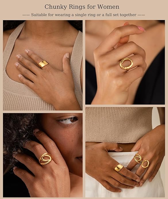 ZOERAY Chunky Gold Rings for Women Non Tarnish Trendy 14k Gold Plated Adjustable Signet Band Stackable Thumb Ring Set Open Twist Dome Statement Stacking Rings Jewelry Gifts for Women Size 5-10