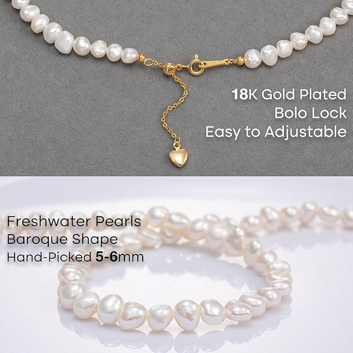 Natural Pearls Choker Necklace for Women Freshwater Baroque Pearl Strand Necklace Chain Cultured Baroque Pearl 18K Gold Plated & S925 Sterling Silver Clasp Choker