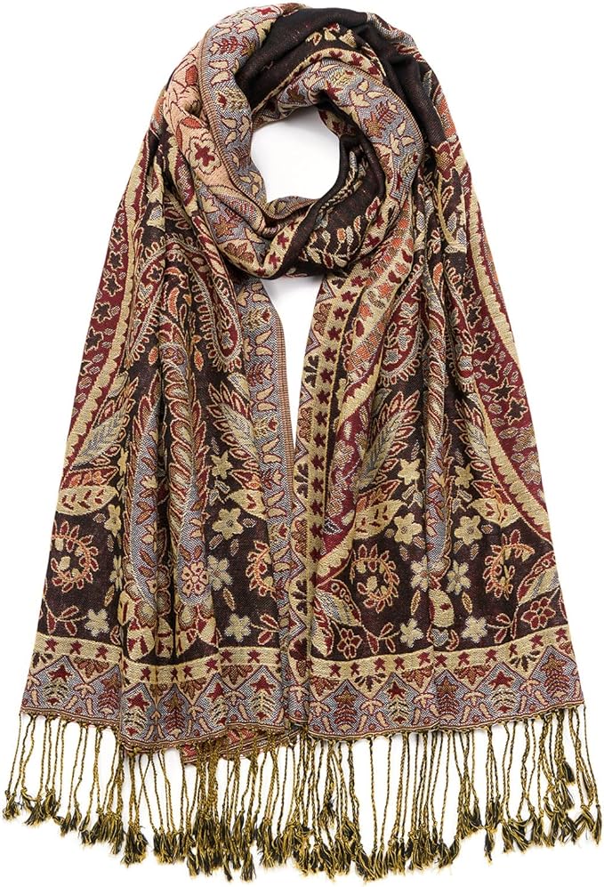QIUTIMIY Paisley Pashmina Shawl Wrap Women Reversible Vintage Jacquard Pashmina Rave Scarf with Fringe for Evening, Wedding