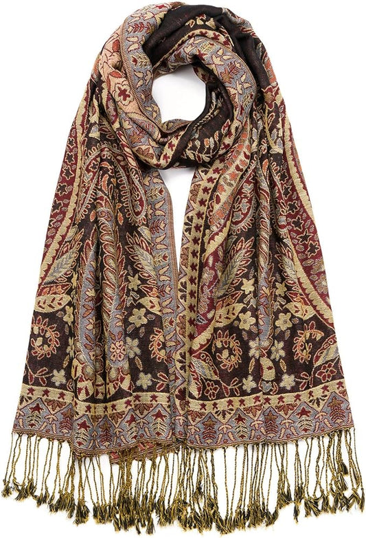 QIUTIMIY Paisley Pashmina Shawl Wrap Women Reversible Vintage Jacquard Pashmina Rave Scarf with Fringe for Evening, Wedding