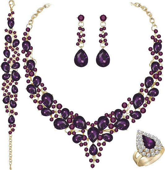 Paxuan Crystal Bridal Wedding Jewelry Sets for Women Rhinestone Teardrop Crystal Statement Choker Necklace Drop Earrings Link Bracelets Rings Teardrop Jewelry Set for Brides Bridesmaids