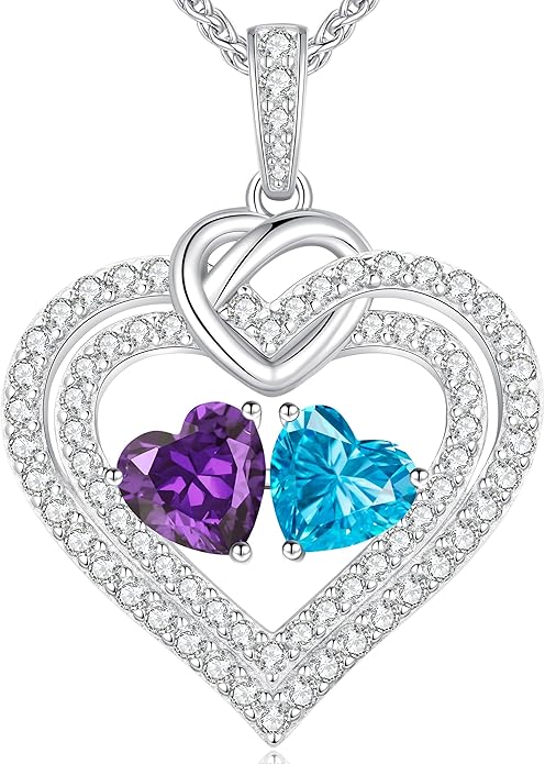 LOUISA SECRET Sparkling Double Heart Birthstone Necklaces for Women, 925 Sterling Silver Fine Jewelry, Pendant Heart Necklaces Birthday Anniversary Christmas Gift for Women Wife Mom Girlfriend Lady