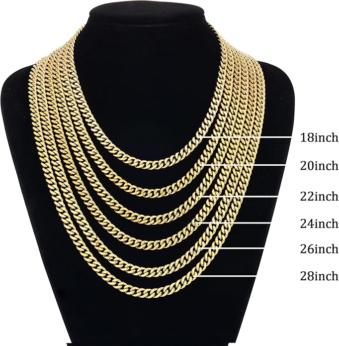 Fiusem Valentines Day Gifts for Him Silver Tone/Black/14K Gold Plated Chain Necklace for Men, 5mm/6mm/7.5mm/8mm/9mm Stainless Steel Cuban Link Chain Necklace, Men's Chains 18-28 Inch Jewelry Gifts