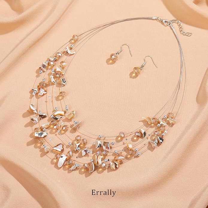 Multi-Layer Boho Shell Beaded Necklace for Women Colorful Crystal Strand with Silver Beads Statement Collars Necklace and Earrings Costumes Jewelry Sets for Women