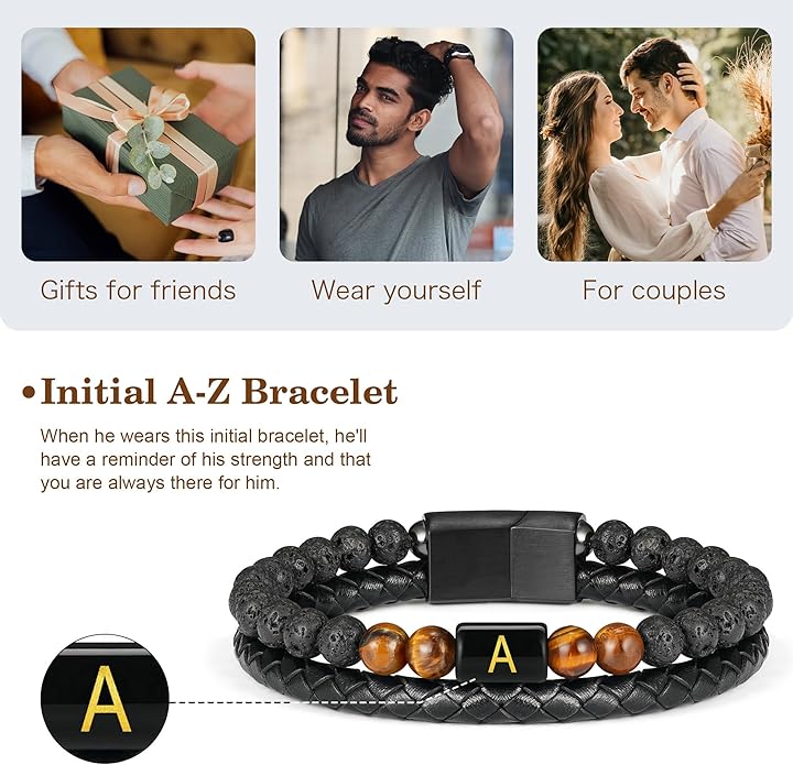 LUXEJEW Gifts for Men - Mens Bracelet, Beaded Leather Initial Bracelet 6mm Matte Agate Stone Handmade Bracelets Adjustable Stainless Steel Magnetic Clasp Mens Jewelry Gifts