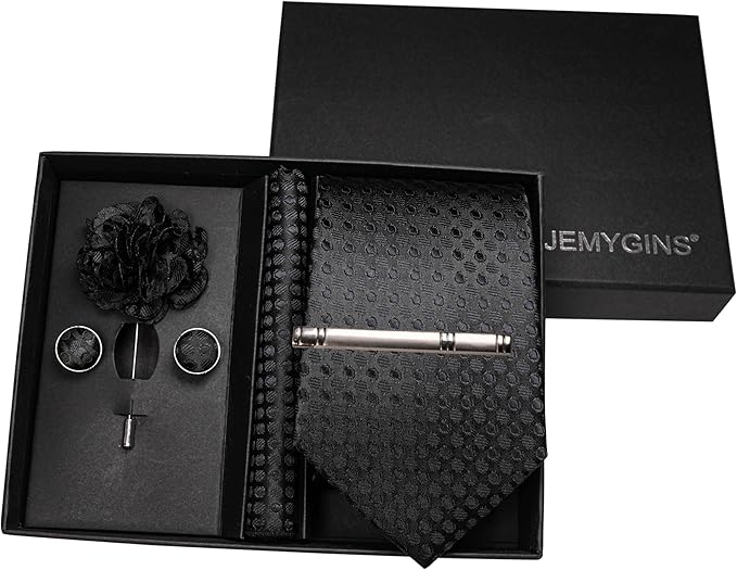 JEMYGINS Mens Tie and Pocket Square,Lapel Pin,Cufflinks,Tie Clip Sets with Gift Box 5PCS