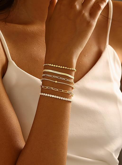 DEARMAY Waterproof Gold Plated Bracelets Set for Women Trendy, Dainty 14K Gold Jewelry Fashion Stackable Tennis Beaded Figaro Herringbone Paperclip Link Bracelet Pack Stack Gifts for Women